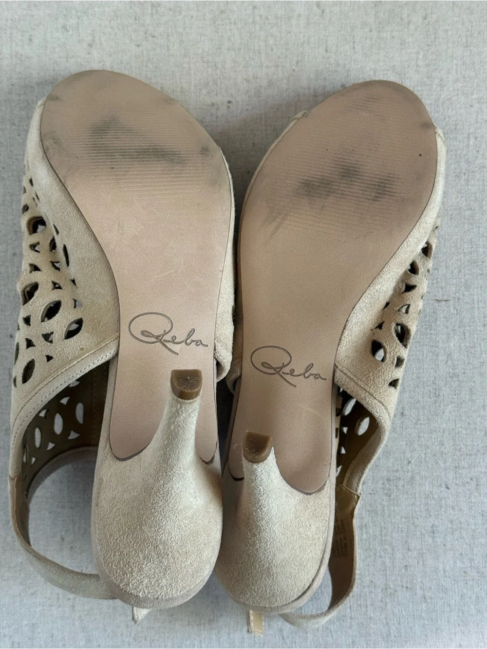 Reba Nude Suede Laser Cut Peep Toe Heels - Ankle Strap Size 8.5